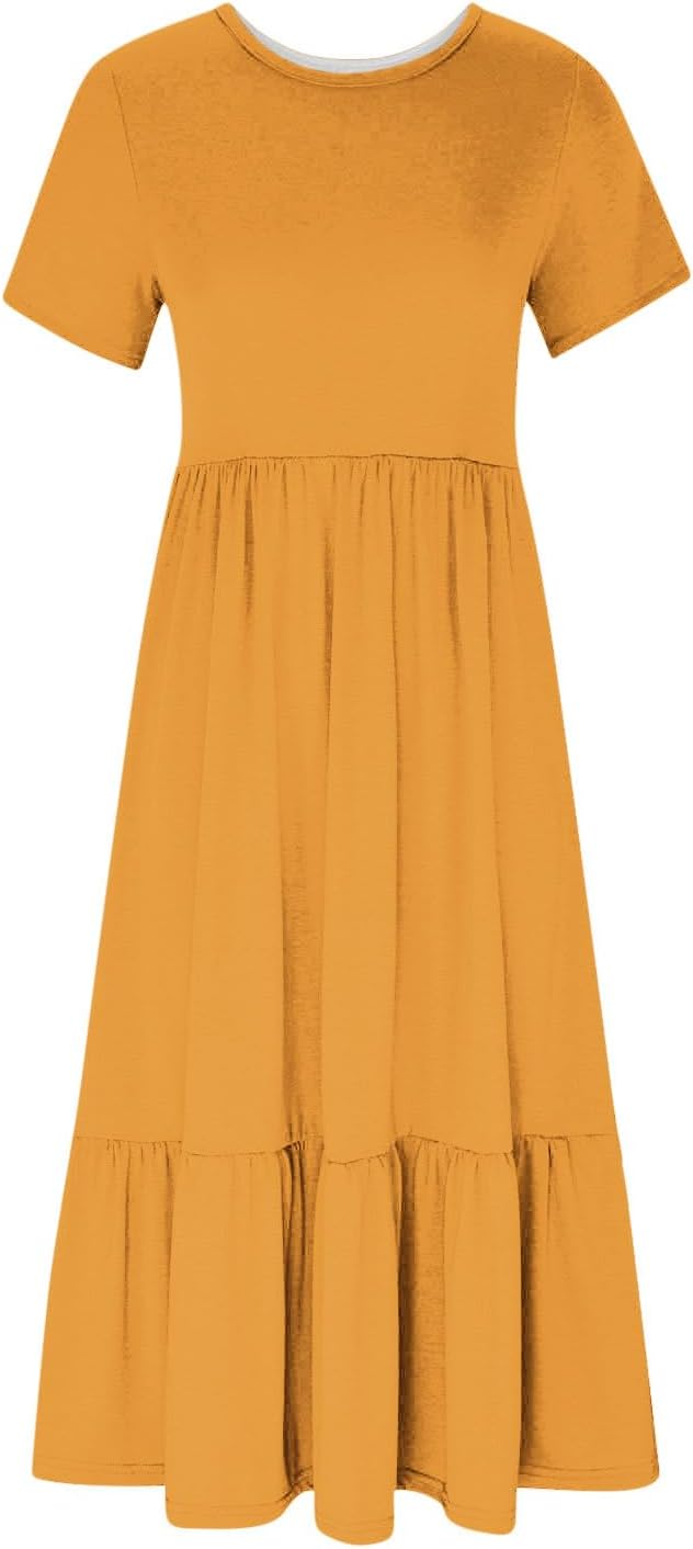 XUNRYAN Summer Dresses for Women 2024 Casual Calf Length Maxi Dress Pleated Flowy Tiered Swing Beach Sundress with Pockets