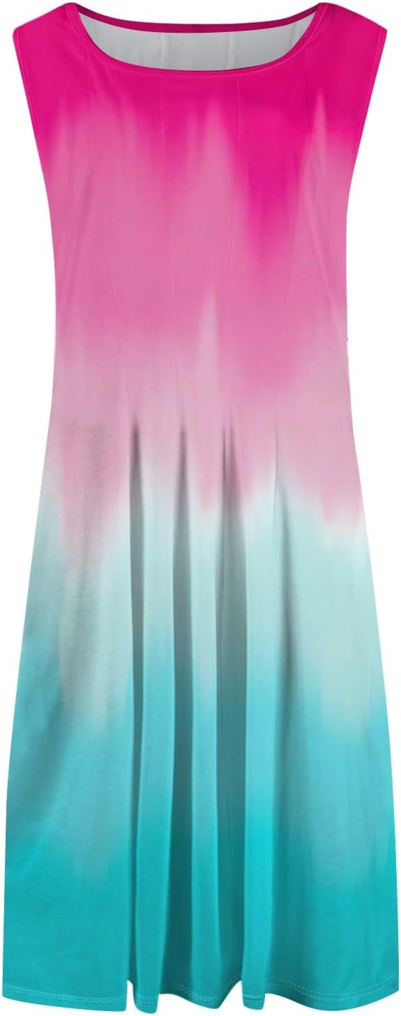 Womens Tank Sundress 2025 Casual Floral Print Tshirt Dress Swing Sleeveless Midi Dress Crewneck Pleated Summer Dresses