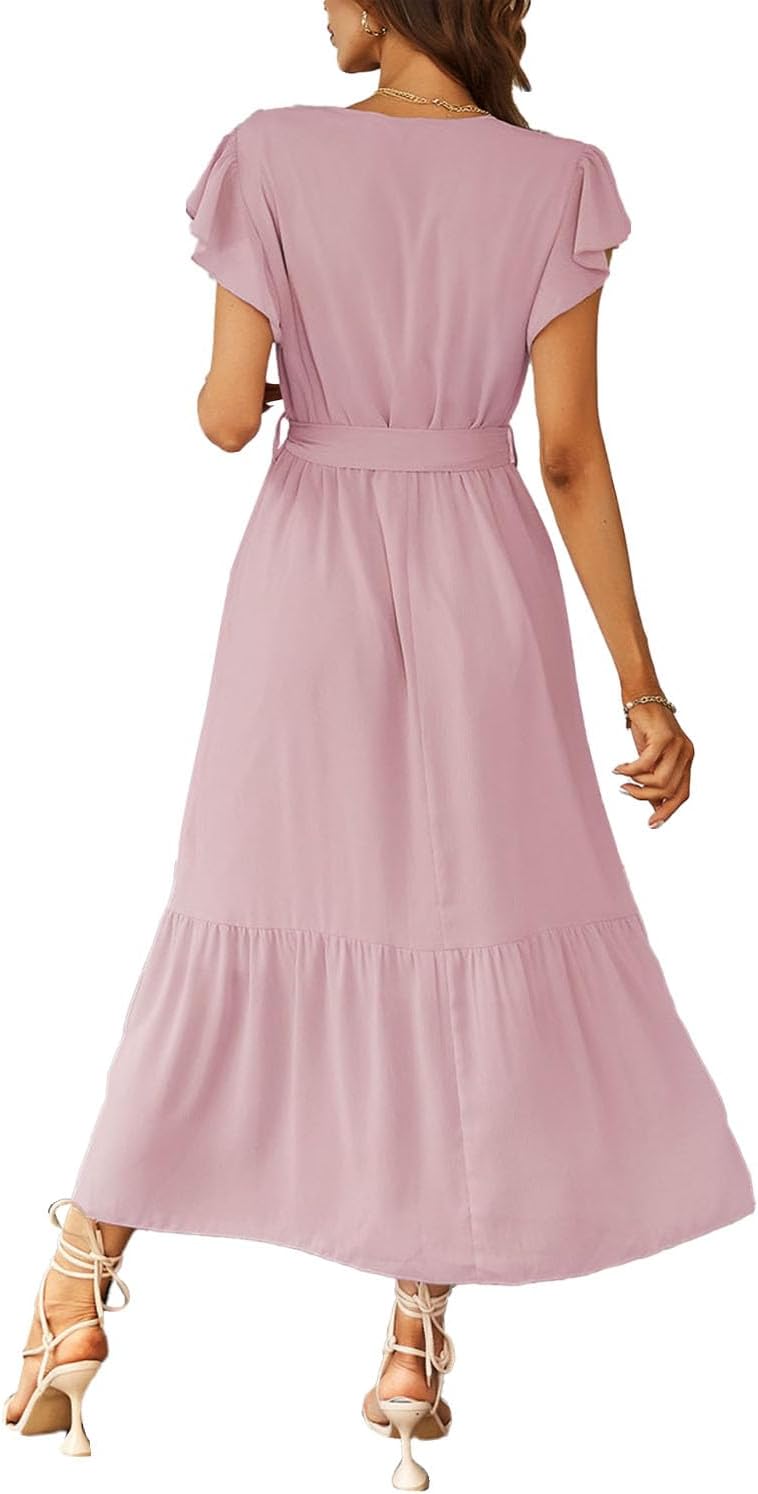 PRETTYGARDEN Women's Summer Floral Boho Dress Wrap V Neck Short Sleeve Ruffle A-Line Flowy Maxi Wedding Guest Dresses