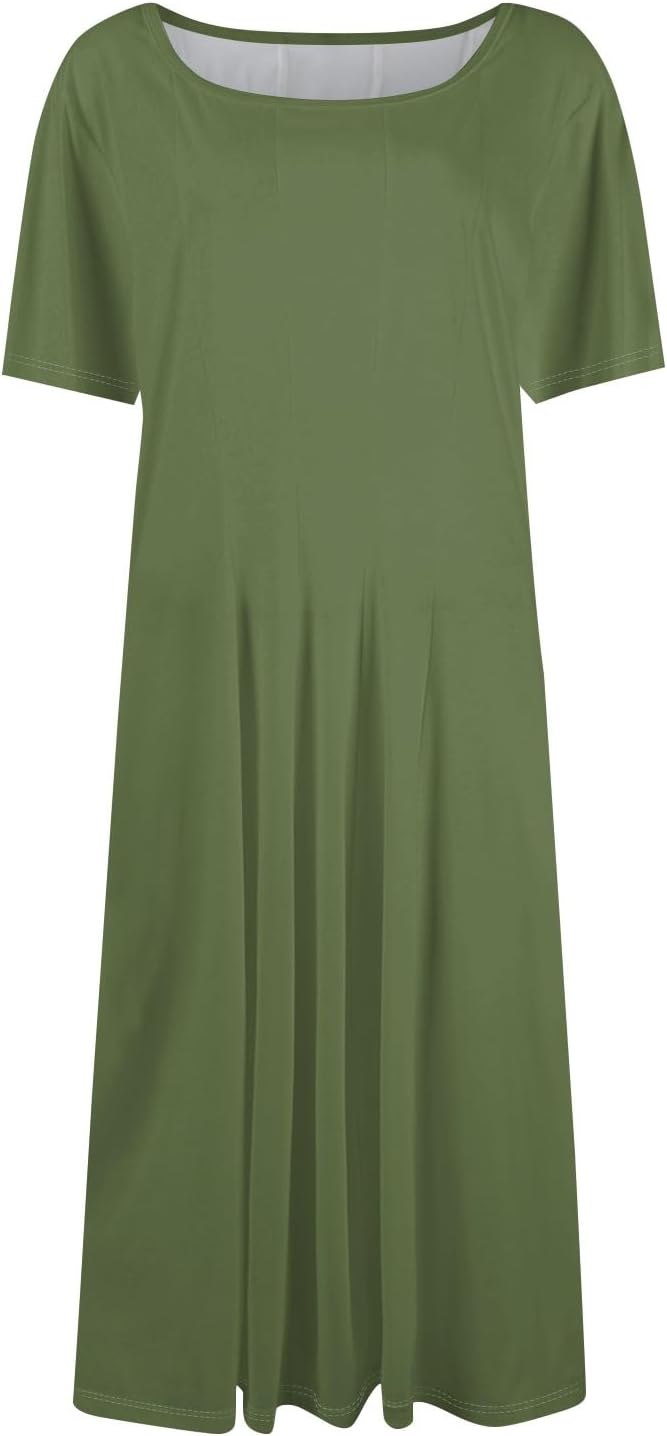 Summer Dresses for Women 2025 Crew Neck Short Sleeve Boho Beach Vacation Floral/Solid Midi Sundresses with Pockets