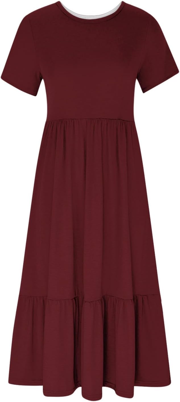 XUNRYAN Summer Dresses for Women 2024 Casual Calf Length Maxi Dress Pleated Flowy Tiered Swing Beach Sundress with Pockets