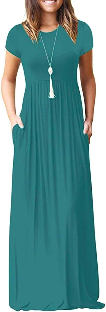 DEARCASE Maxi Dress for Women Short Sleeve Casual Summer Loose Plain Comfy Long Dresses with Pockets