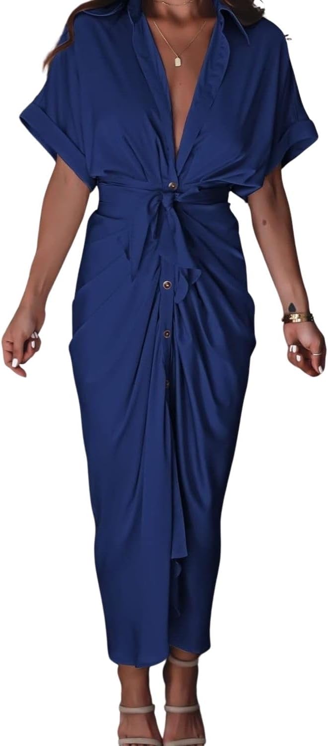 Women's Swing Classic Cute Maxi Ruched Breathable Shirt Dresses Bownot Slim Fitted Dress
