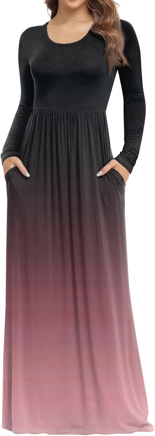 Long Sleeve Maxi Dress for Women Elegant Crew Neck Flowy Swing Dresses Solid Color Wedding Guest Dresses