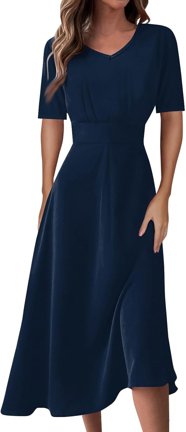 Women's Summer Elegant Cocktail Dress Solid Color Swing V-Neck Party Gown Dresses, S-2XL