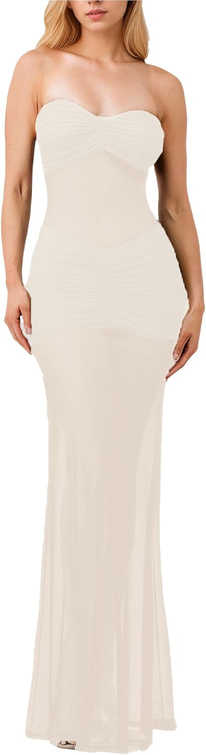 Women’s See Through Mesh Maxi Dress Sweatheart Neck Patchwork Slim Fit Night Out Seaside Long Dresses