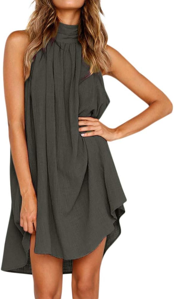 Sun Dresses for Women 2025 Vacation Halter Neck Solid Summer Casual Sundress Elegant Pleated High Low Mini Dresses