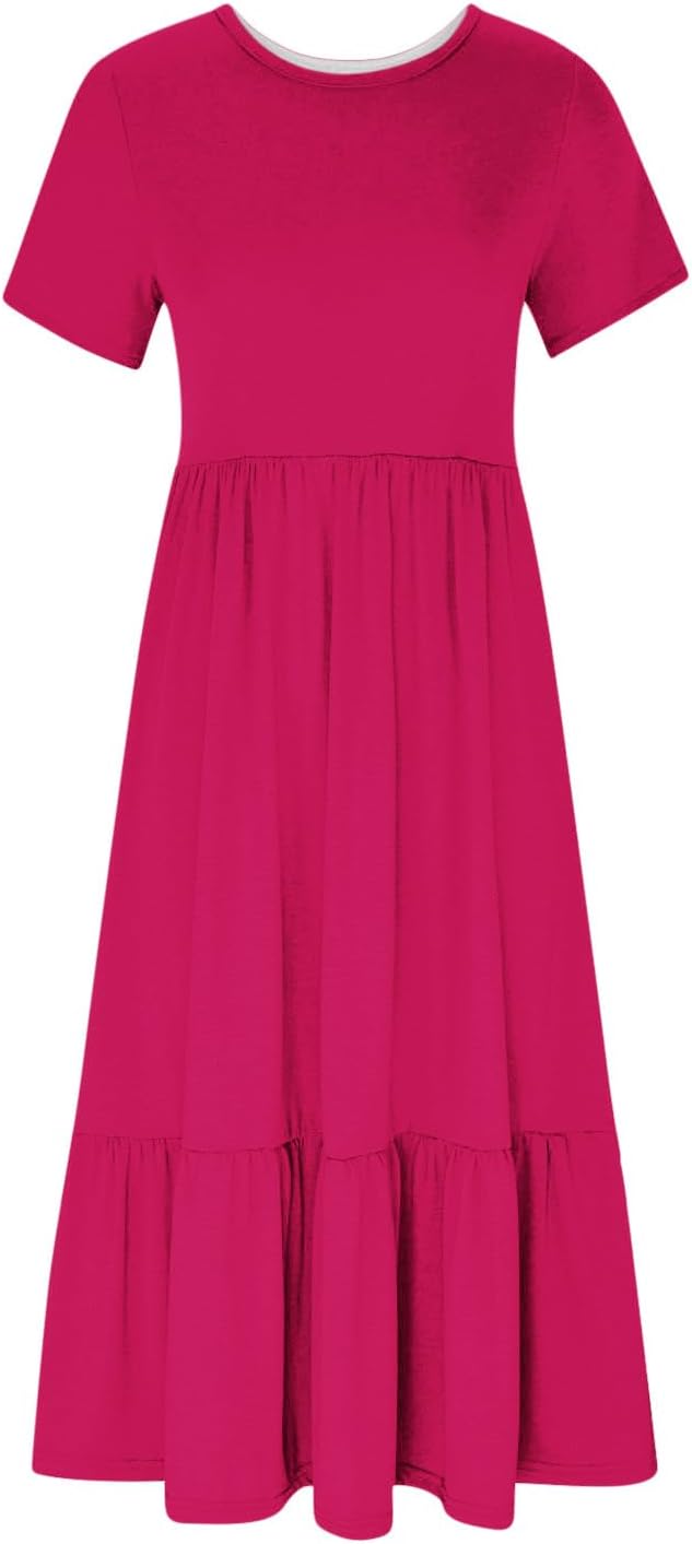 XUNRYAN Summer Dresses for Women 2024 Casual Calf Length Maxi Dress Pleated Flowy Tiered Swing Beach Sundress with Pockets