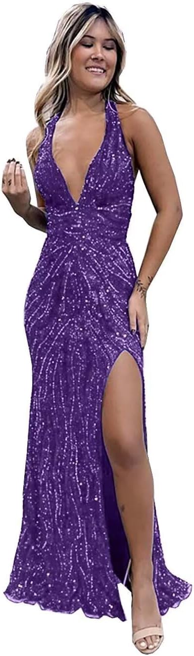 Beaded Evening Gown Deep V-Neck Mermaid Prom Dresses High Split Halter Formal Dress Sleeveless Bodycon Trumpet JS0011