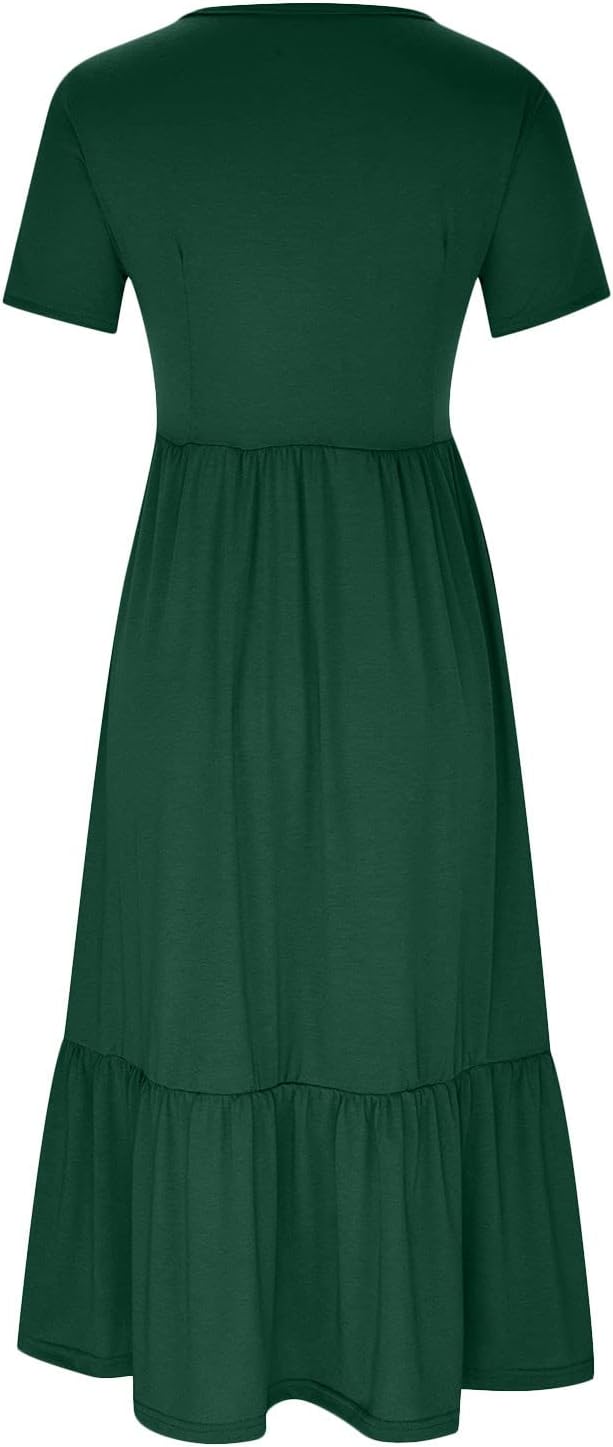 XUNRYAN Summer Dresses for Women 2024 Casual Calf Length Maxi Dress Pleated Flowy Tiered Swing Beach Sundress with Pockets