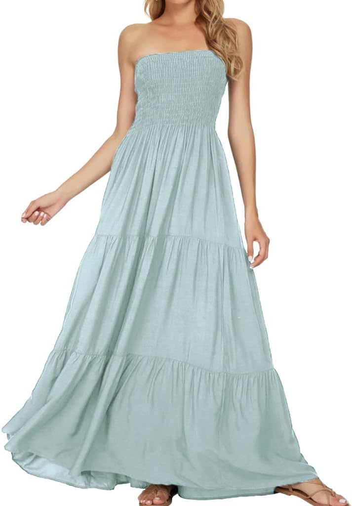 Women's Summer Strapless Tube Top Maxi Dresses Off Shoulder Boho Beach Long Dress