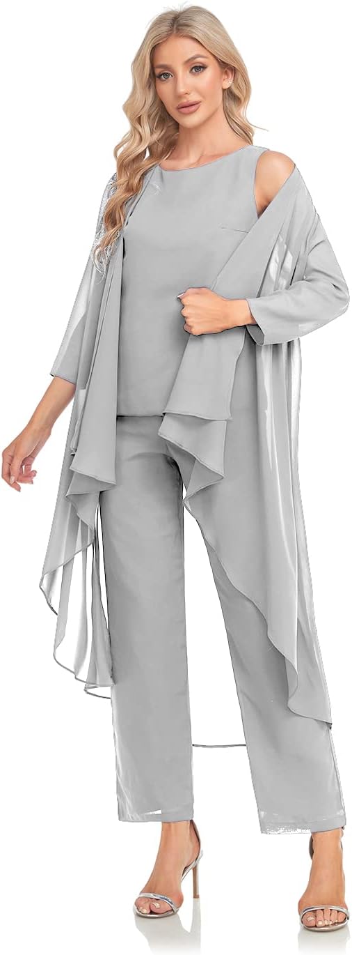 Women's 3 Pieces Chiffon Mother of The Bride Dress with Jacket Chiffon Formal Evening Dresses