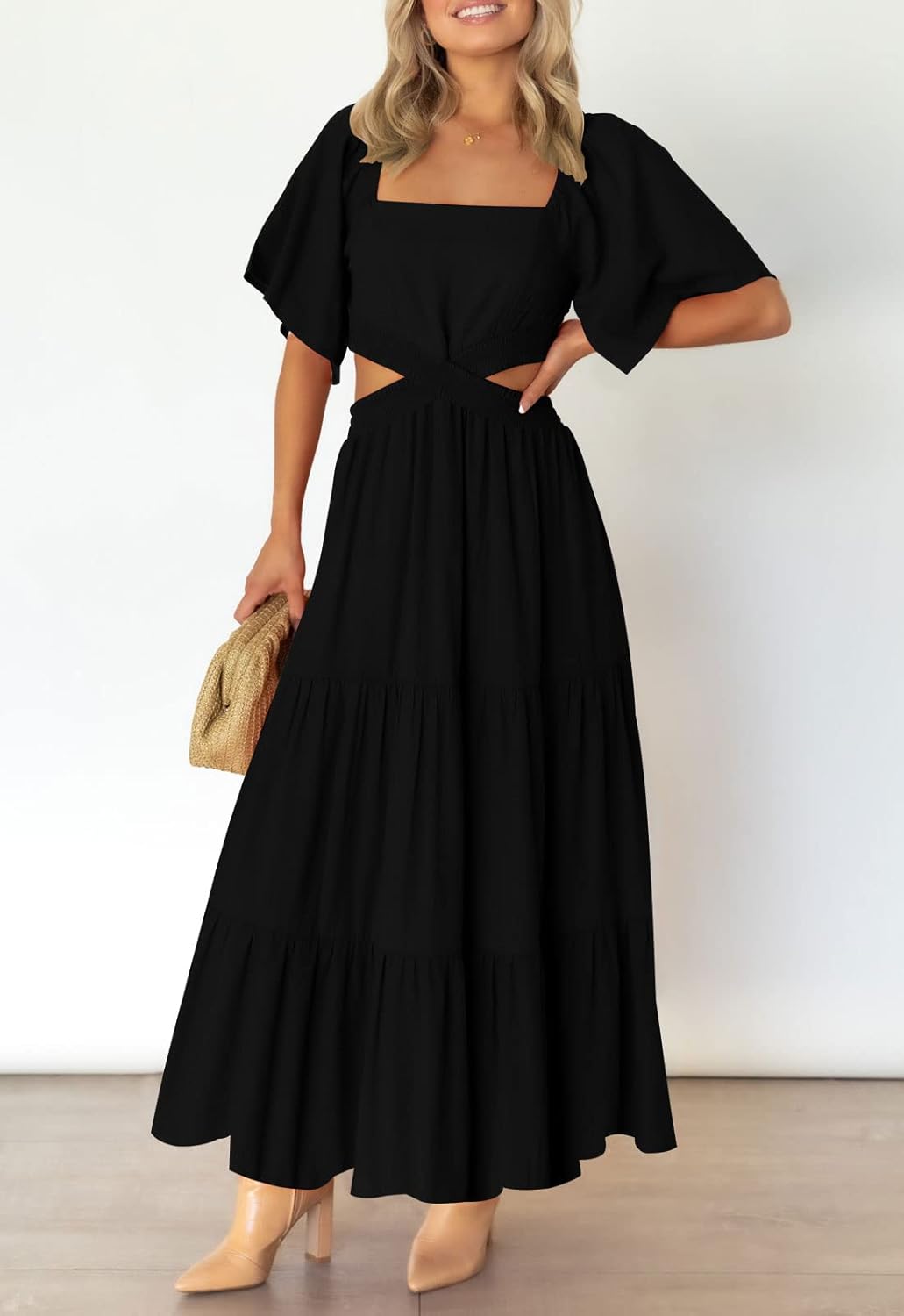LEANI Women's 2025 Summer Cutout Maxi Dress Square Neck Short Sleeve Crossover Waist Casual Party Dresses
