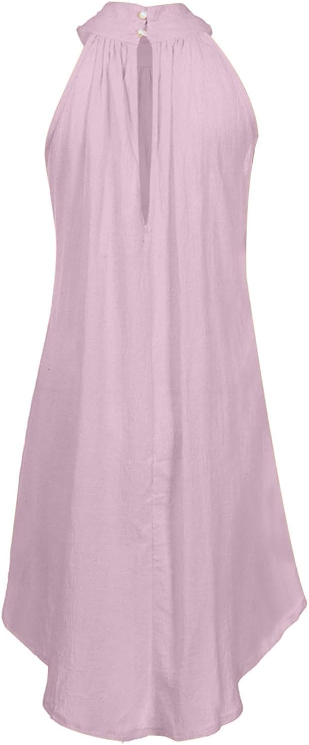 Sun Dresses for Women 2025 Vacation Halter Neck Solid Summer Casual Sundress Elegant Pleated High Low Mini Dresses