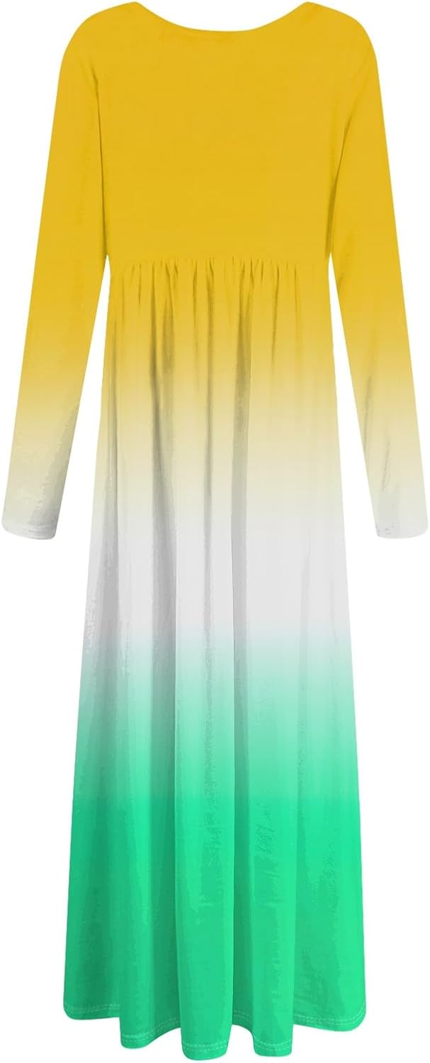Long Sleeve Maxi Dress for Women Elegant Crew Neck Flowy Swing Dresses Solid Color Wedding Guest Dresses