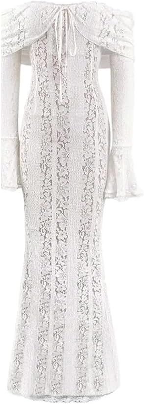 Autumn Elegant Off Shoulder Lace Maxi Dress White Women Long Sleeve Evening Party Dresses for Date Nights