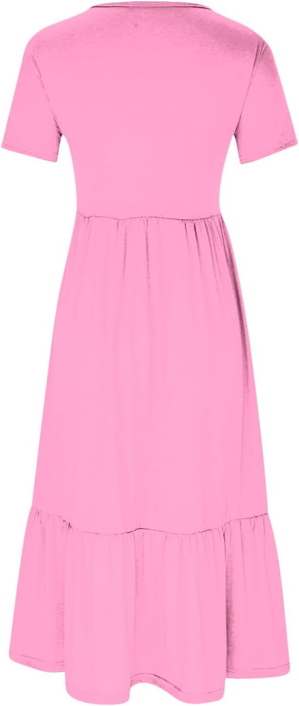 XUNRYAN Summer Dresses for Women 2024 Casual Calf Length Maxi Dress Pleated Flowy Tiered Swing Beach Sundress with Pockets