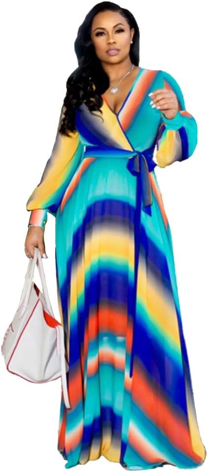 Nuofengkudu Womens Chiffon Deep V-Neck Stripe Printed Maxi Dress Unique Loose Summer Boho Dresses High Waiste(S-5XL)