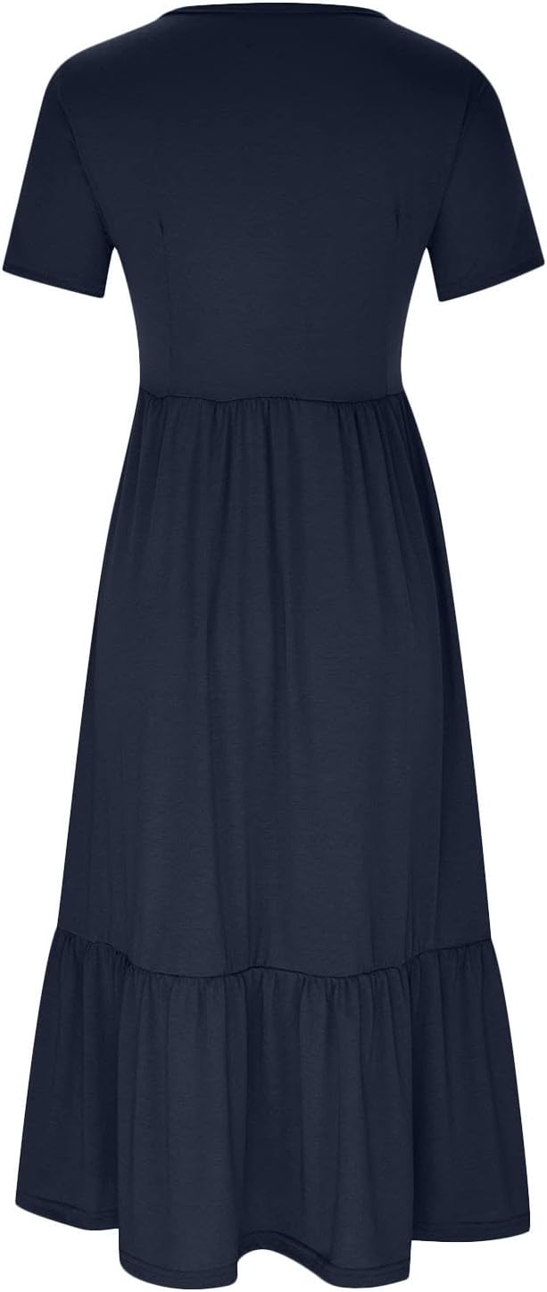 XUNRYAN Summer Dresses for Women 2024 Casual Calf Length Maxi Dress Pleated Flowy Tiered Swing Beach Sundress with Pockets