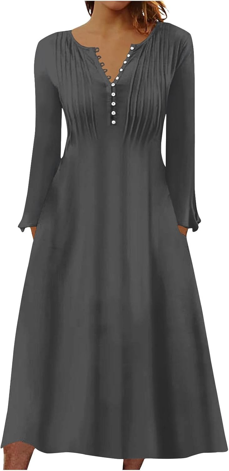 DOPOCQ Fall Women Dresses 2023 Long Sleeve V Neck Plus Size Maxi Dress Boho Dress High Waisted A-Line Dress with Pocket
