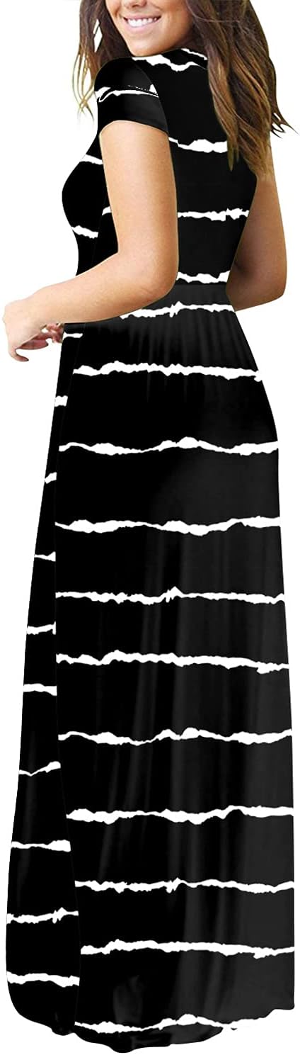 DEARCASE Maxi Dress for Women Short Sleeve Casual Summer Loose Plain Comfy Long Dresses with Pockets