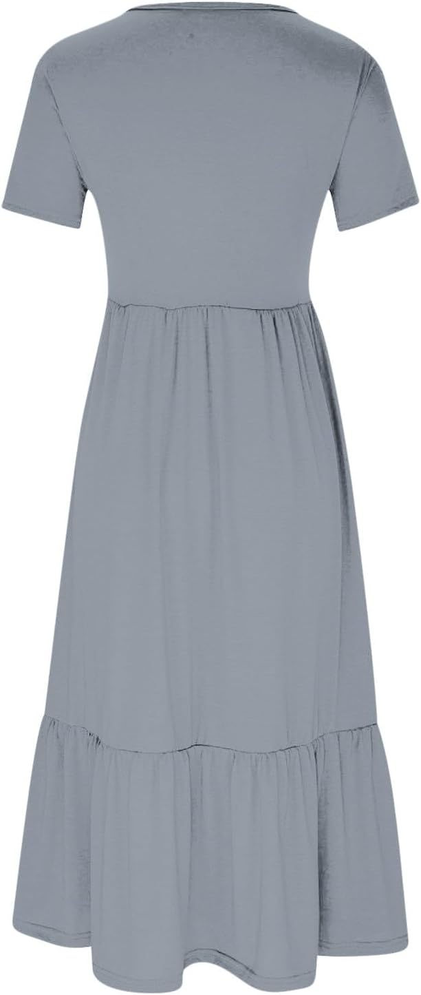 XUNRYAN Summer Dresses for Women 2024 Casual Calf Length Maxi Dress Pleated Flowy Tiered Swing Beach Sundress with Pockets