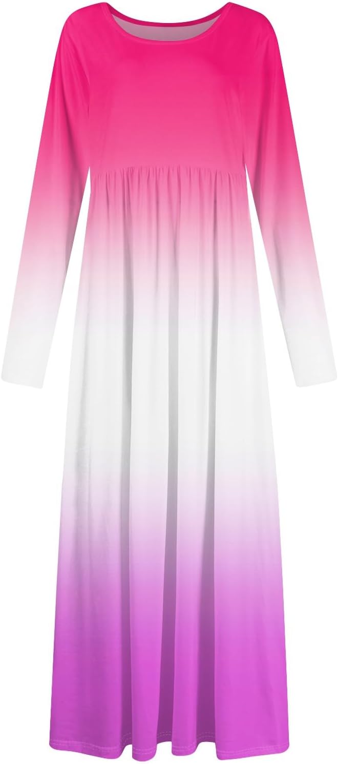 Long Sleeve Maxi Dress for Women Elegant Crew Neck Flowy Swing Dresses Solid Color Wedding Guest Dresses
