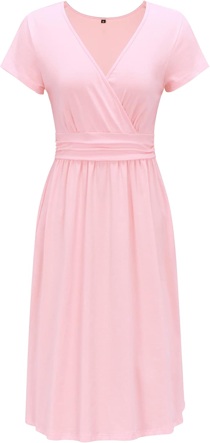 OUGES Women's Summer Short Sleeve V-Neck Floral Short Party Dress with Pockets