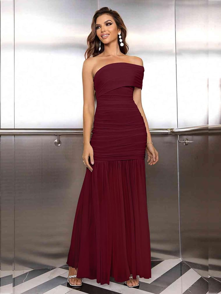 LAGSHIAN Women's Elegant Formal Long Dress One Shoulder Sleeveless Ruched Bodycon Evening Dress