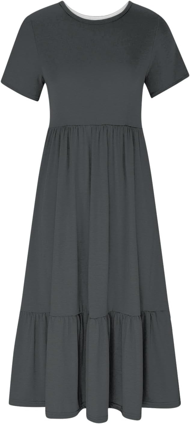 XUNRYAN Summer Dresses for Women 2024 Casual Calf Length Maxi Dress Pleated Flowy Tiered Swing Beach Sundress with Pockets
