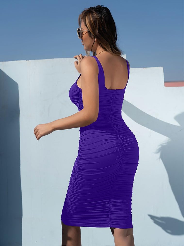 BEAGIMEG Women's Sexy Tank Top Bodycon Ruched Sleeveless Basic Midi Party Dress