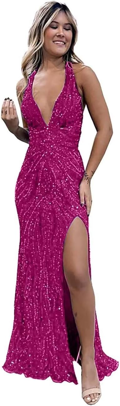 Beaded Evening Gown Deep V-Neck Mermaid Prom Dresses High Split Halter Formal Dress Sleeveless Bodycon Trumpet JS0011