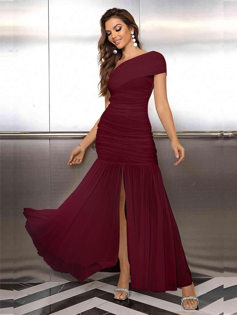 LAGSHIAN Women's Elegant Formal Long Dress One Shoulder Sleeveless Ruched Bodycon Evening Dress