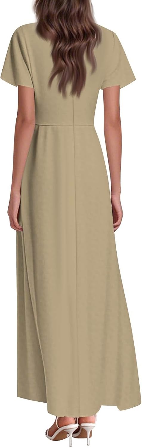 Womens Fashion V Neck Ruffle Short Sleeve Maxi Dress 2025 Summer Elegant Solid Color Flowy A Line Dresses