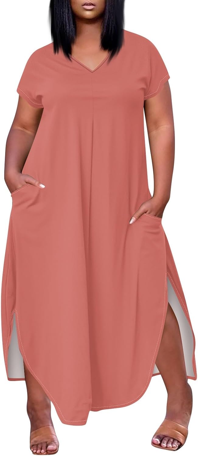 Maxi Dresses for Women 2025 Plus Size Tie Dye V Neck Dress Short Sleeve Side Split Beach Summer Sundress with Pocket