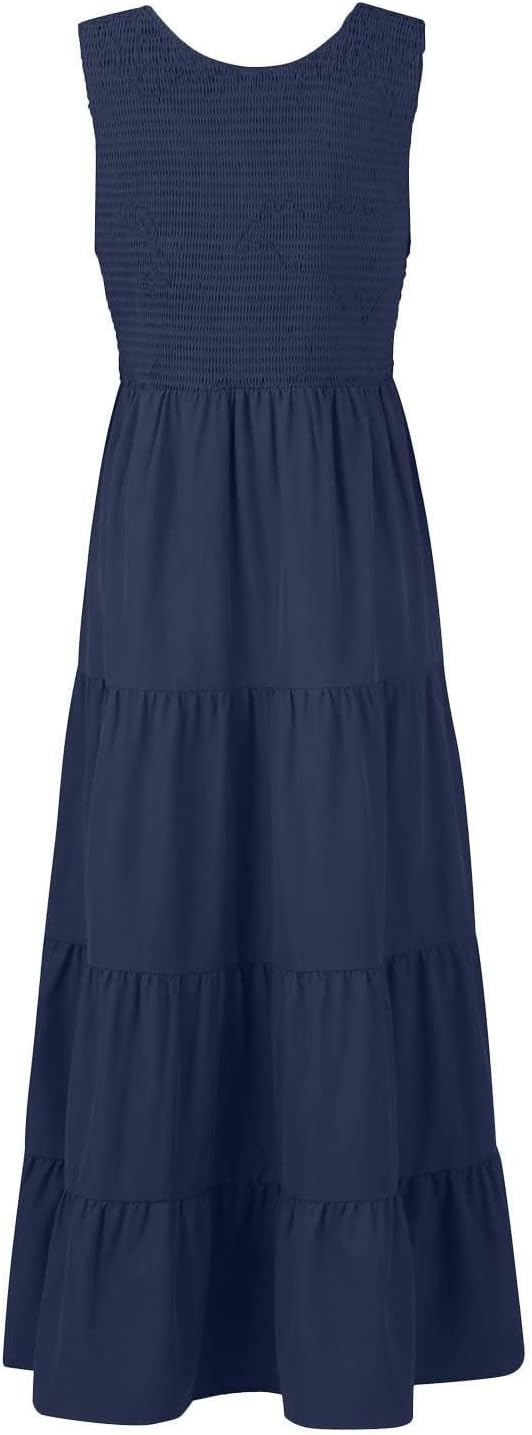 Women Summer Sleeveless Dressees Boho Maxi Dress Casual Smocked Square Neck Sundress a Line Beach Wedding Dresses