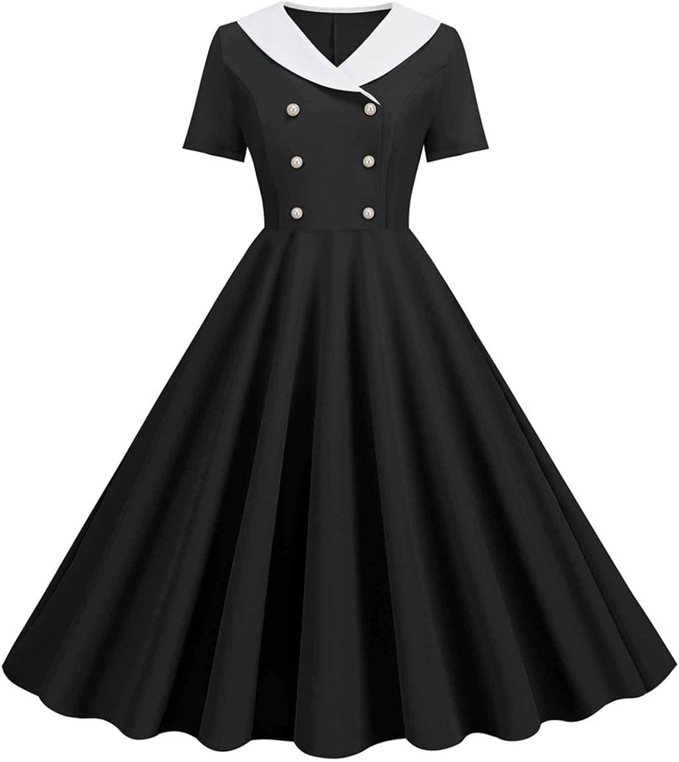 Women Double Breasted Notch Lapel 50s Vintage Short Sleeve Cocktail Swing Dress Polka Dot 1950s Rockabilly Prom Dress