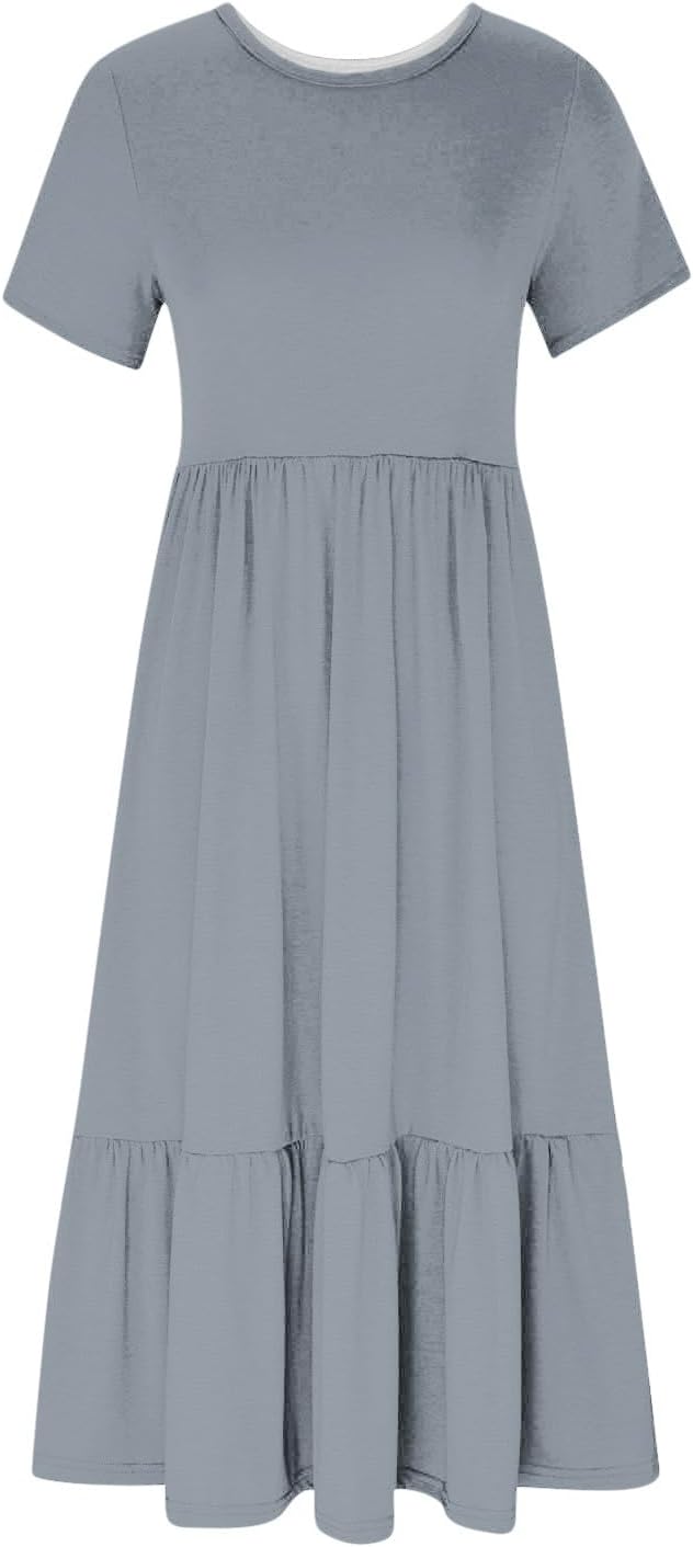 XUNRYAN Summer Dresses for Women 2024 Casual Calf Length Maxi Dress Pleated Flowy Tiered Swing Beach Sundress with Pockets