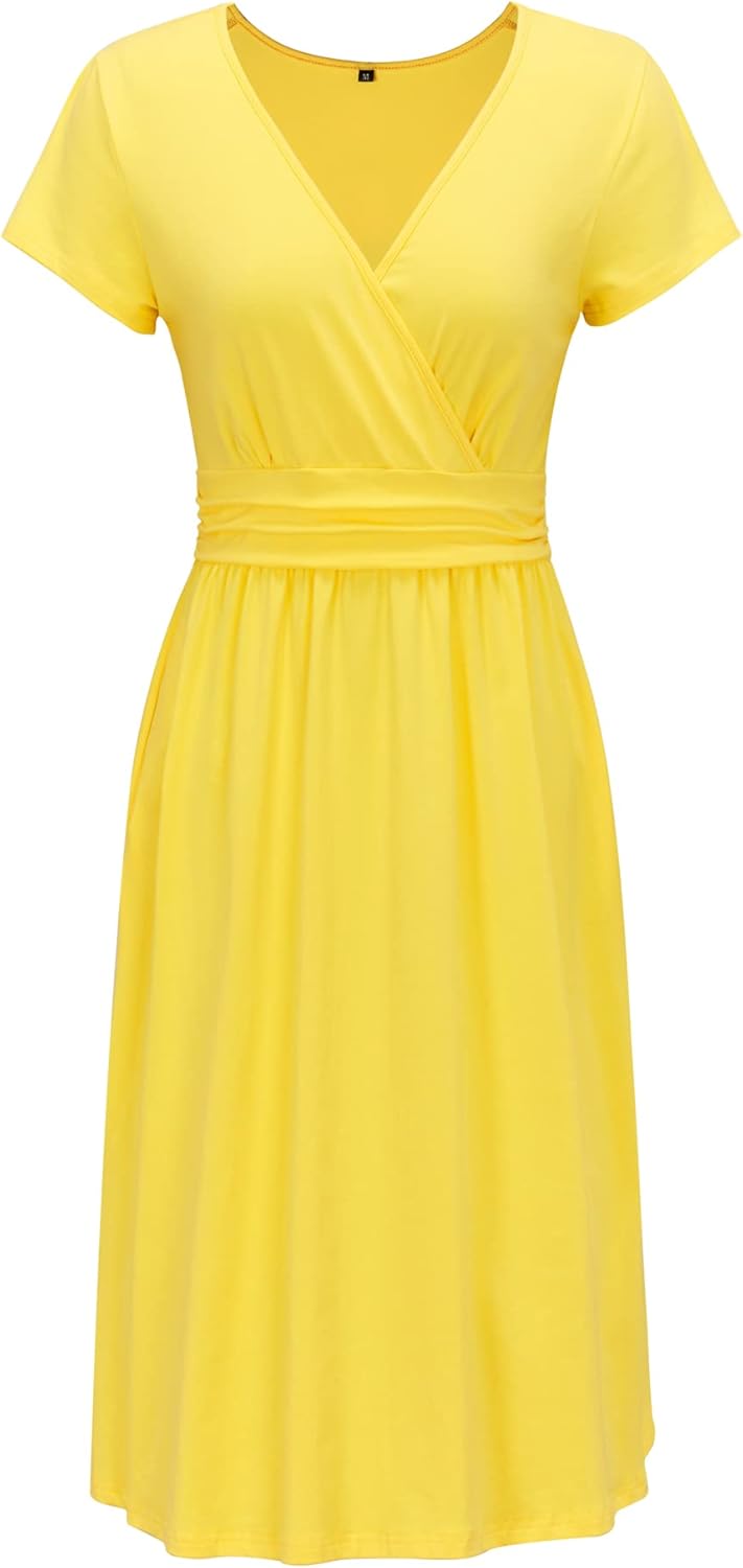 OUGES Women's Summer Short Sleeve V-Neck Floral Short Party Dress with Pockets