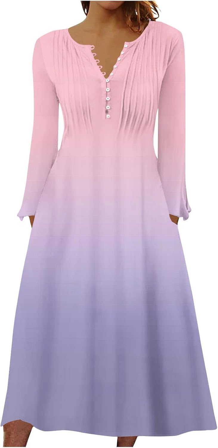 DOPOCQ Fall Women Dresses 2023 Long Sleeve V Neck Plus Size Maxi Dress Boho Dress High Waisted A-Line Dress with Pocket