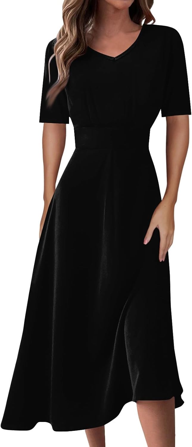 Women's Summer Elegant Cocktail Dress Solid Color Swing V-Neck Party Gown Dresses, S-2XL