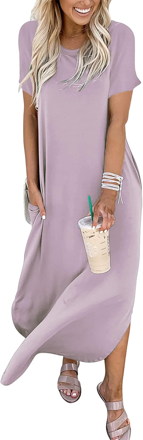 ANRABESS Women's Summer Casual Loose Short Sleeve Long T Shirt Dress Split Maxi Beach Sundress Travel Vacation Outfits
