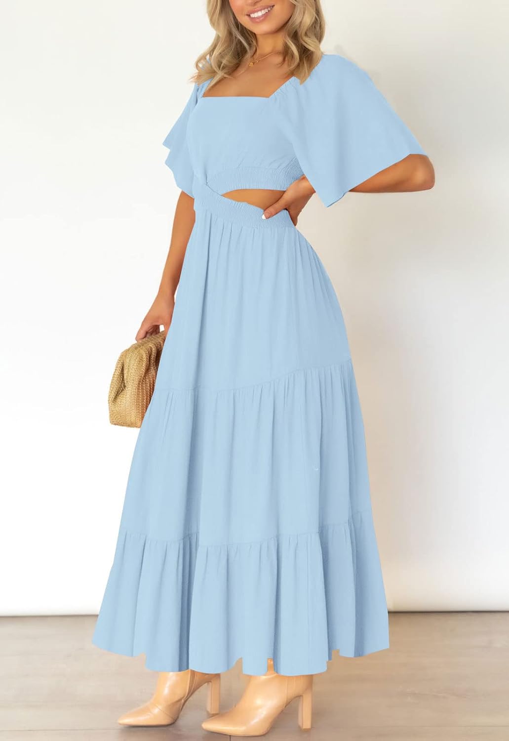 LEANI Women's 2025 Summer Cutout Maxi Dress Square Neck Short Sleeve Crossover Waist Casual Party Dresses