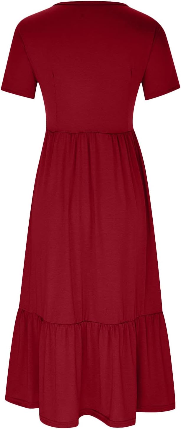 XUNRYAN Summer Dresses for Women 2024 Casual Calf Length Maxi Dress Pleated Flowy Tiered Swing Beach Sundress with Pockets