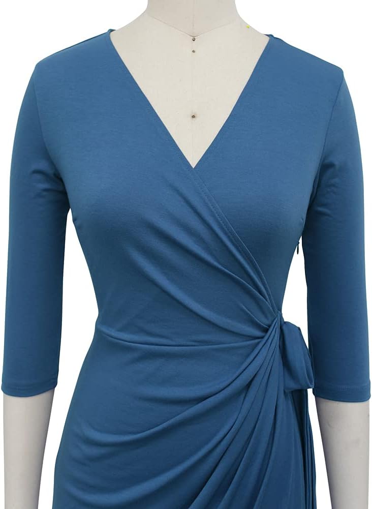Berydress Women's Classic 3/4 Sleeve V Neck Sheath Casual Party Work Faux Black Wrap Dress