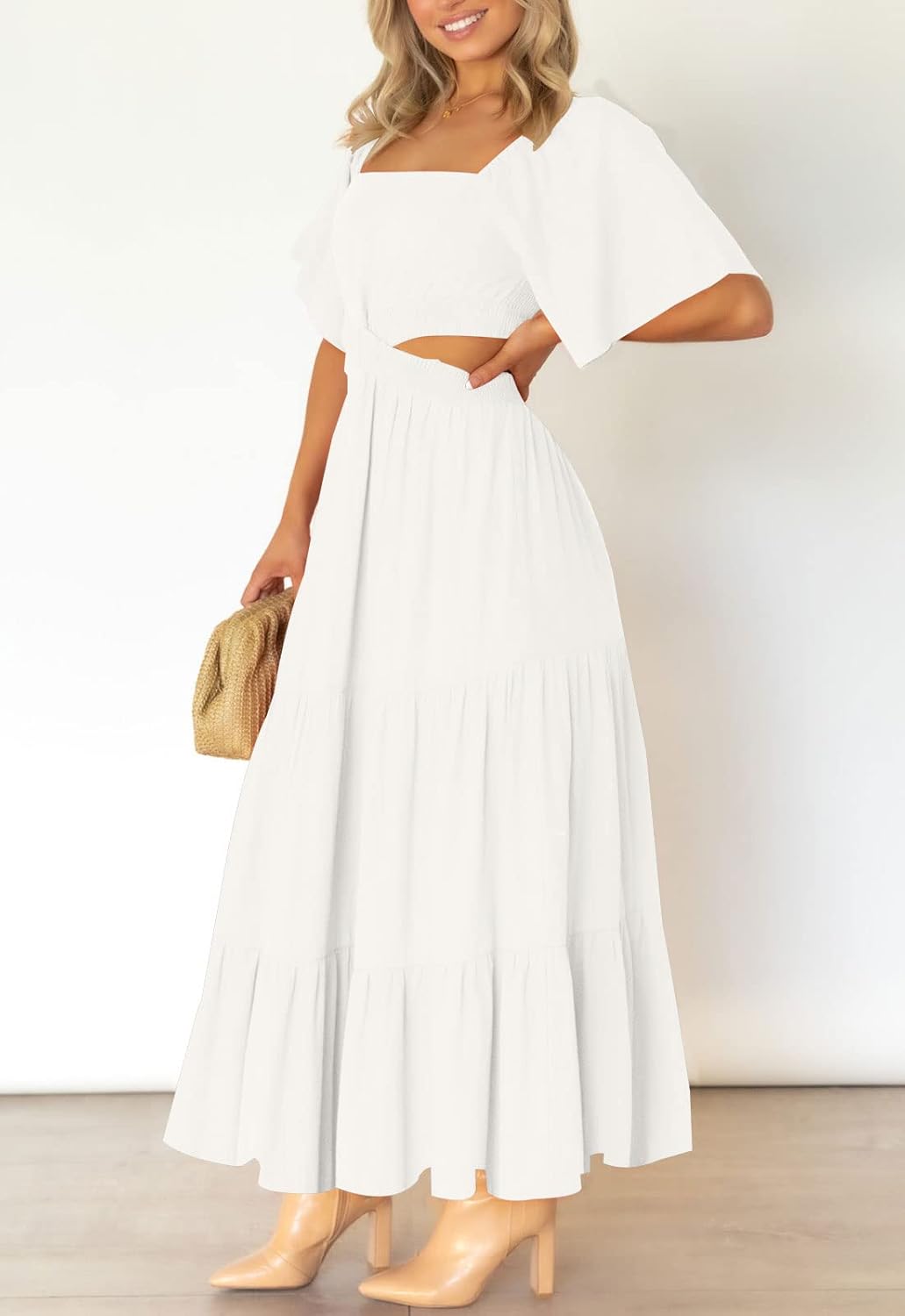 LEANI Women's 2025 Summer Cutout Maxi Dress Square Neck Short Sleeve Crossover Waist Casual Party Dresses