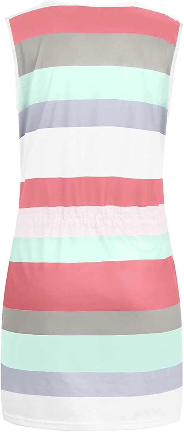 Women Summer Casual Striped Dress Drawstring Waist Tie Knot Mini Dresses Short Sleeve V Neck Tank Dress with Pocket