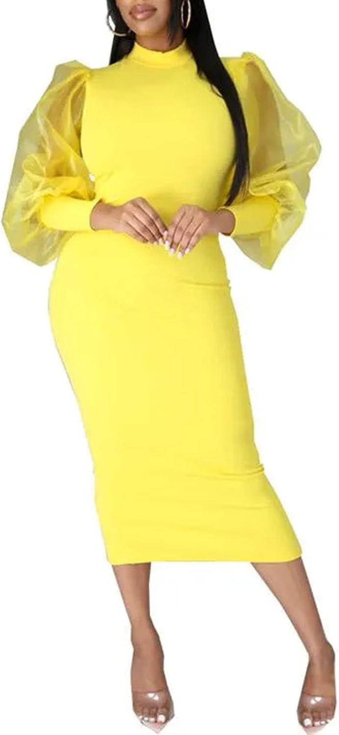 Ekaliy Women's See Through Bodycon Dress Sheer Mesh Long Puff Lantern Sleeve Dress Sexy Club Party Midi Dress Clubwear