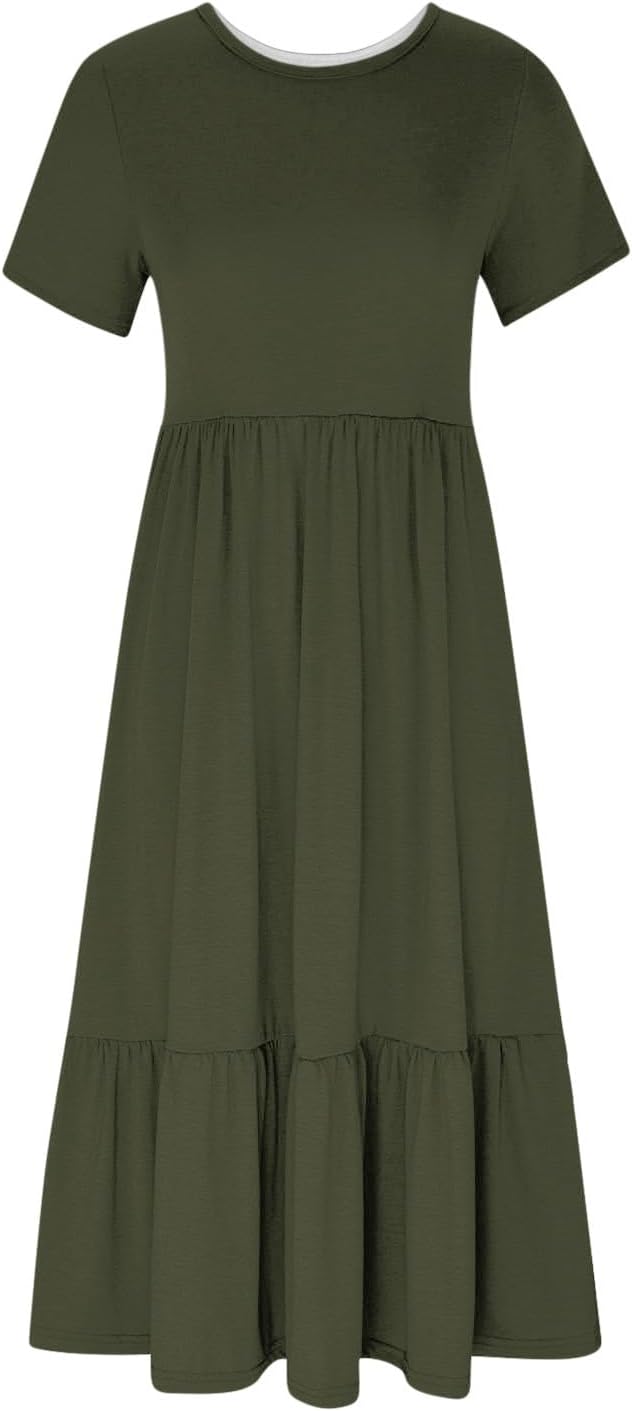 XUNRYAN Summer Dresses for Women 2024 Casual Calf Length Maxi Dress Pleated Flowy Tiered Swing Beach Sundress with Pockets