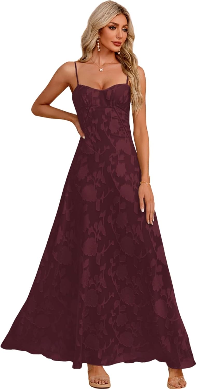Women's Elegant Wedding Guest Dress Spaghetti Straps Floral Sleeveless Formal Dress Maxi Gown